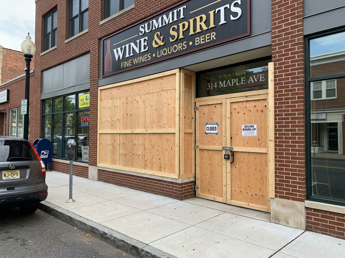 After: Secured storefront with heavy duty board-up