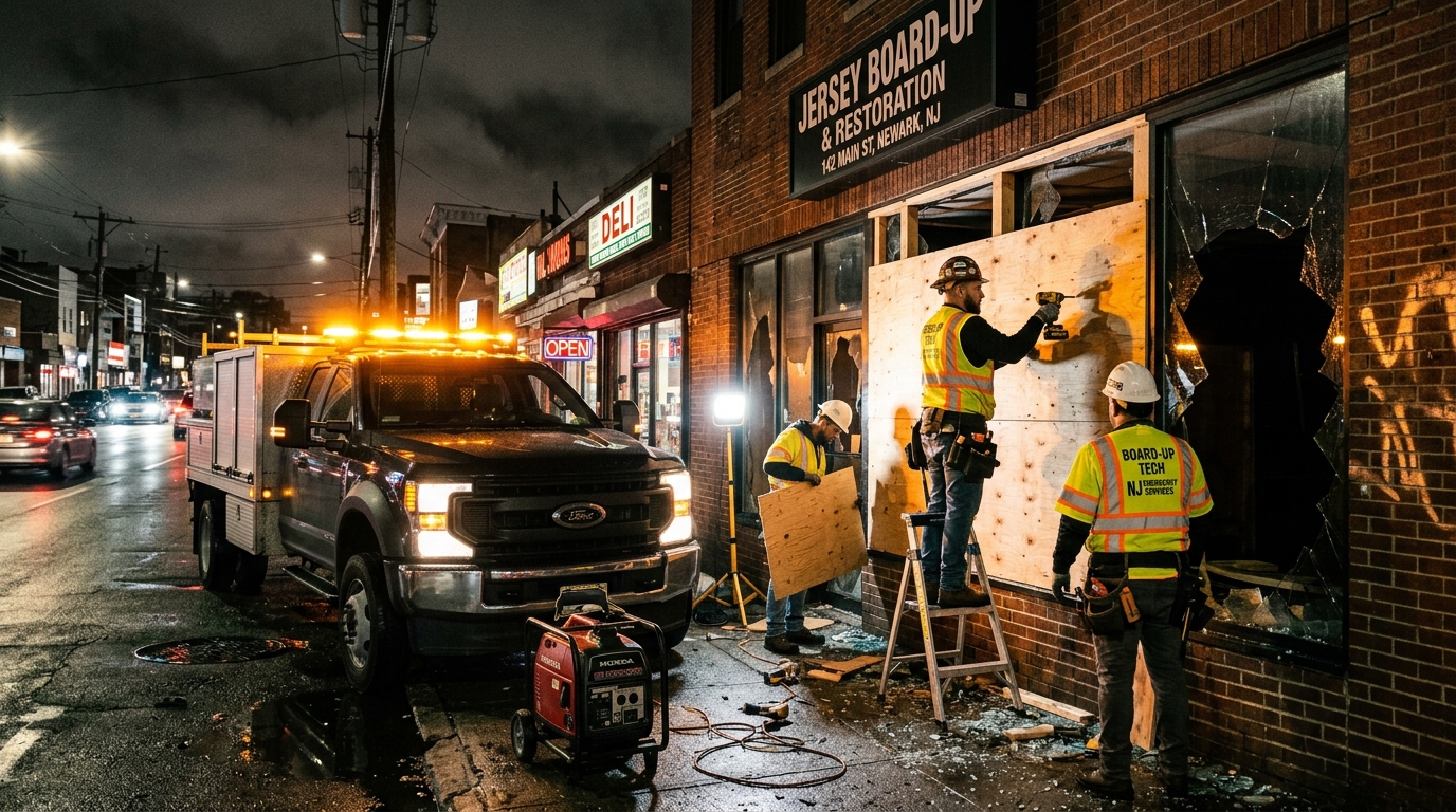 Emergency Board Up Truck and Technicians securing property in New Jersey